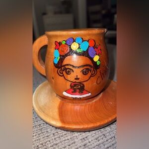 Wooden Hand Painted Frida Kahlo Mug w/Small Plate